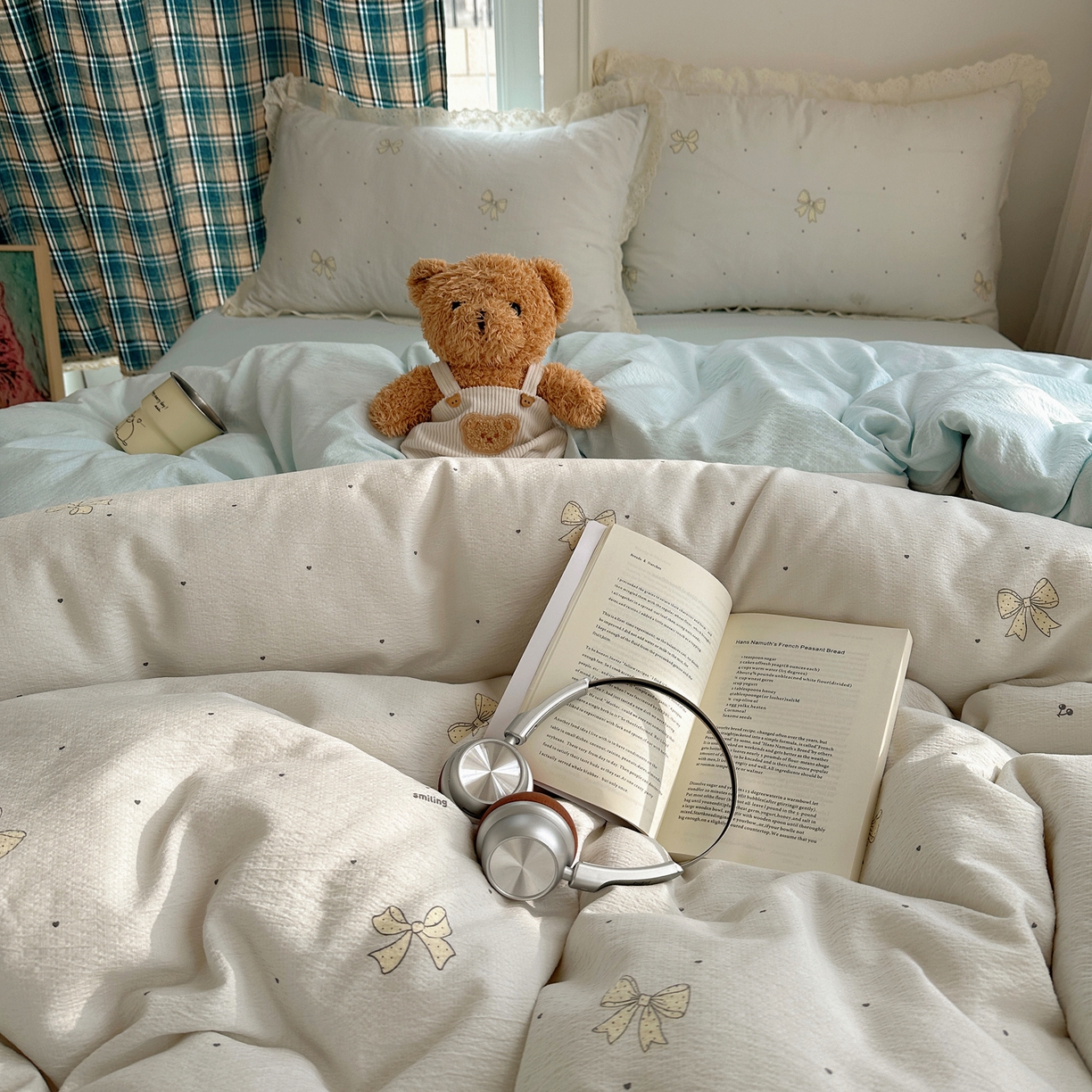 91家纺网 家纺一手货源 找家纺 一比一家纺 2026新款彩色花边木棉皱皱纱四件套 初心蓝