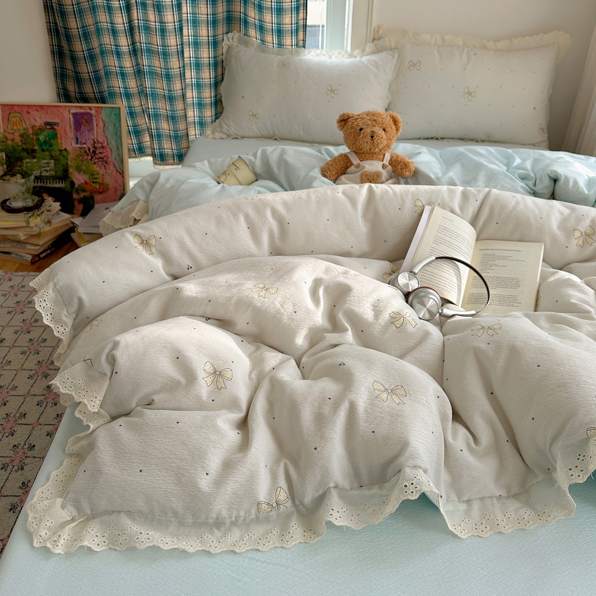 91家纺网 家纺一手货源 找家纺 一比一家纺 2026新款彩色花边木棉皱皱纱四件套 初心蓝