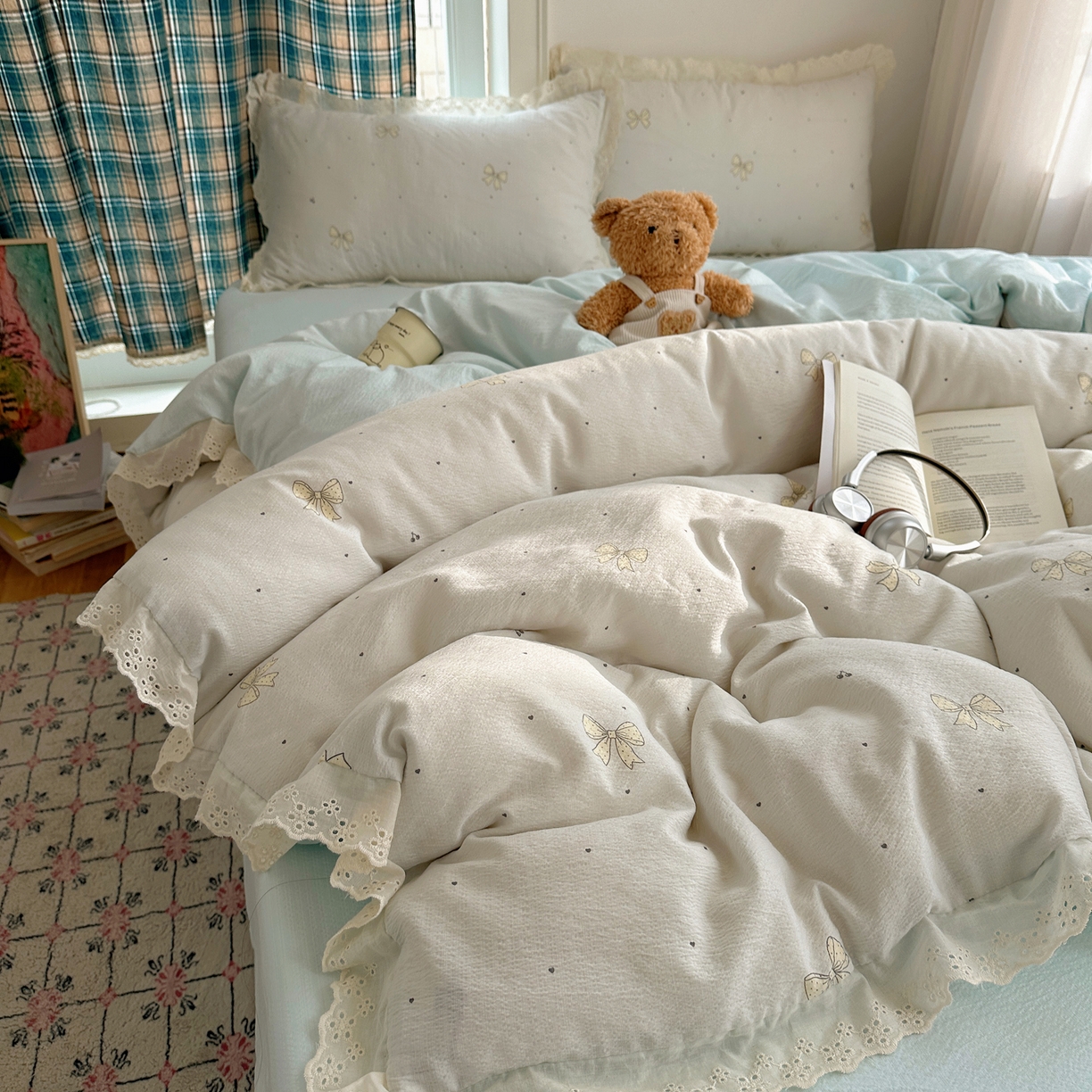 91家纺网 家纺一手货源 找家纺 一比一家纺 2026新款彩色花边木棉皱皱纱四件套 初心蓝