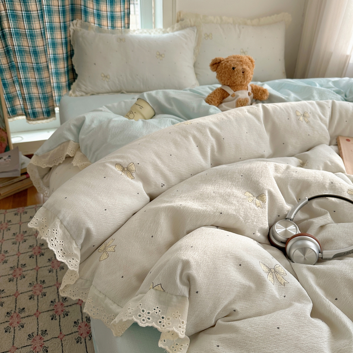 91家纺网 家纺一手货源 找家纺 一比一家纺 2026新款彩色花边木棉皱皱纱四件套 初心蓝