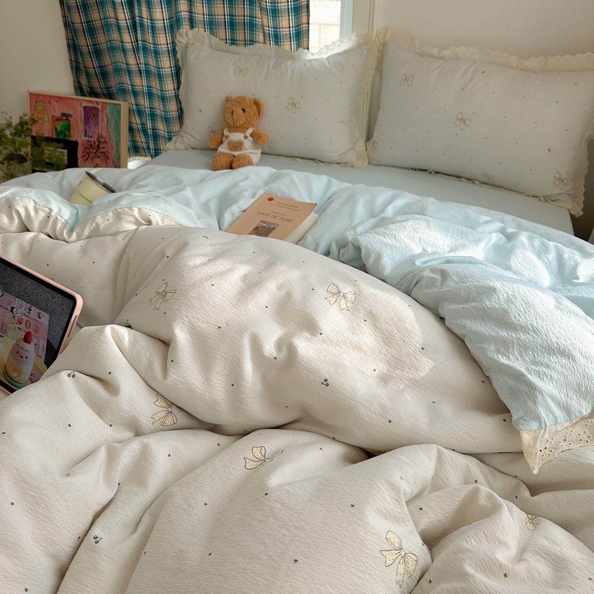 91家纺网 家纺一手货源 找家纺 一比一家纺 2026新款彩色花边木棉皱皱纱四件套 初心蓝