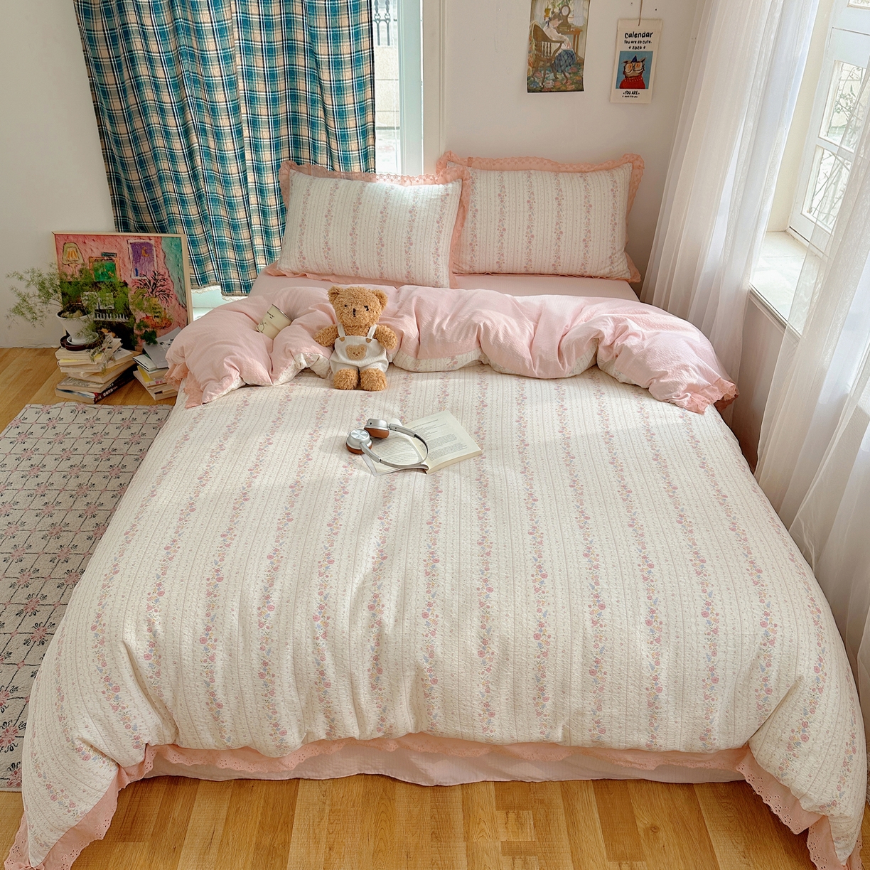 91家纺网 家纺一手货源 找家纺 一比一家纺 2026新款彩色花边木棉皱皱纱四件套 扶摇