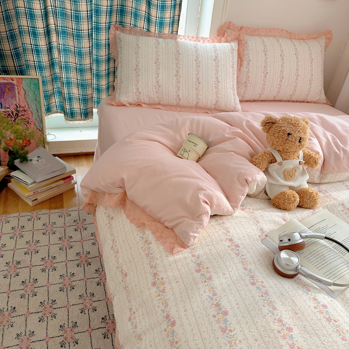 91家纺网 家纺一手货源 找家纺 一比一家纺 2026新款彩色花边木棉皱皱纱四件套 扶摇