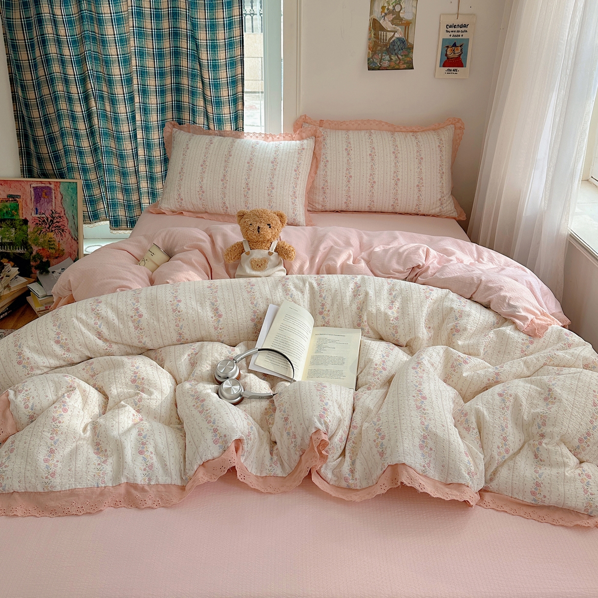 91家纺网 家纺一手货源 找家纺 一比一家纺 2026新款彩色花边木棉皱皱纱四件套 扶摇