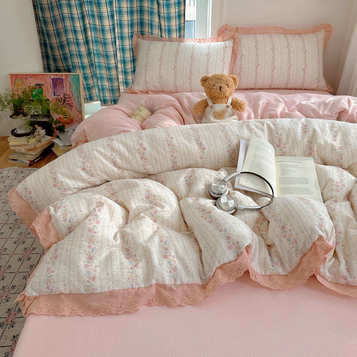 91家纺网 家纺一手货源 找家纺 一比一家纺 2026新款彩色花边木棉皱皱纱四件套 扶摇