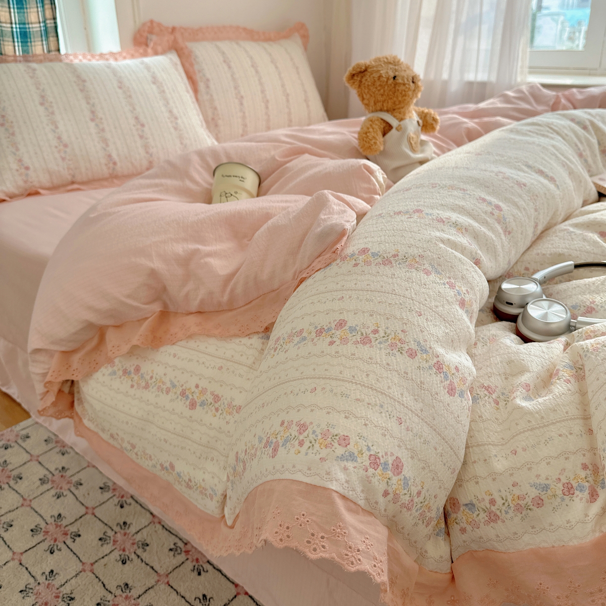 91家纺网 家纺一手货源 找家纺 一比一家纺 2026新款彩色花边木棉皱皱纱四件套 扶摇