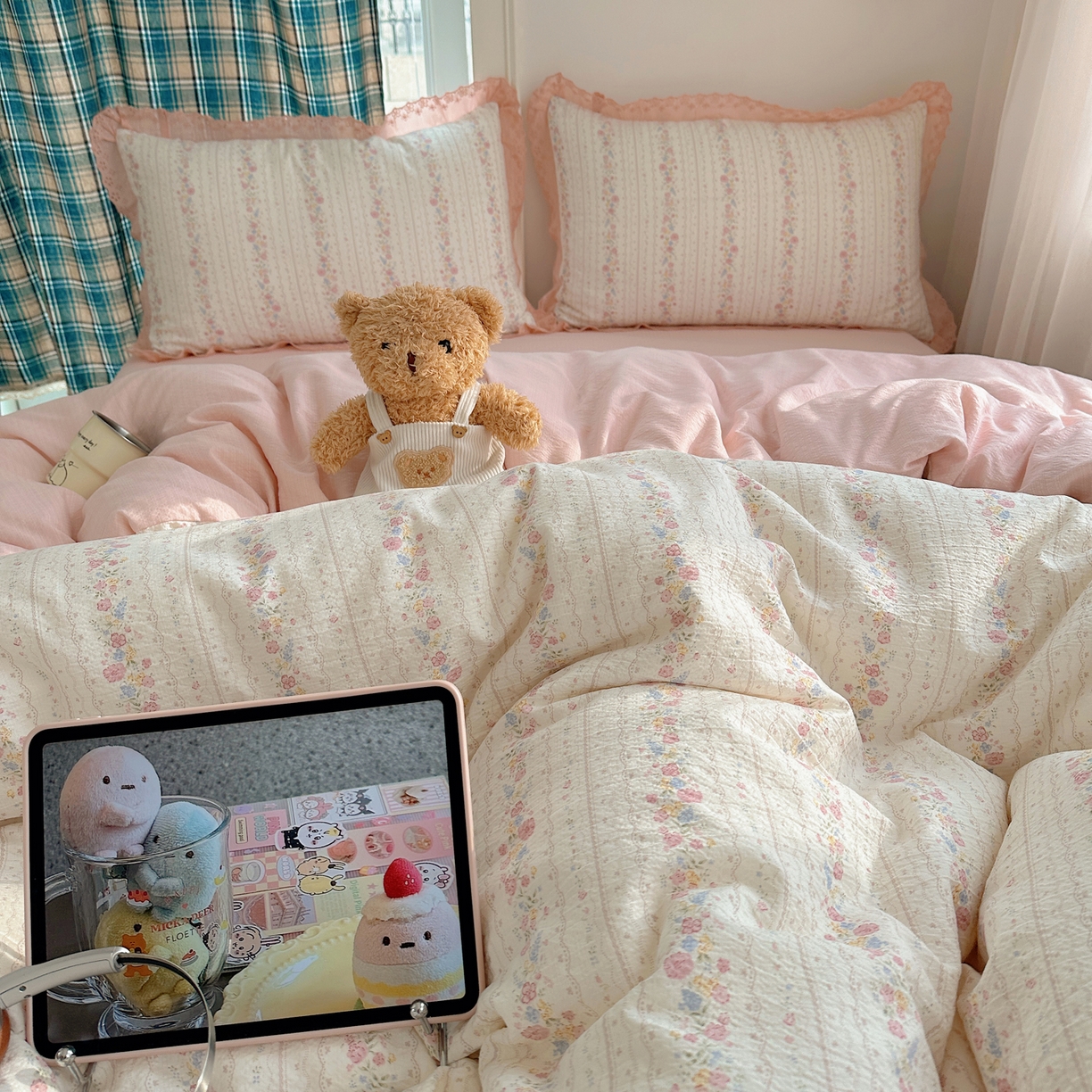 91家纺网 家纺一手货源 找家纺 一比一家纺 2026新款彩色花边木棉皱皱纱四件套 扶摇