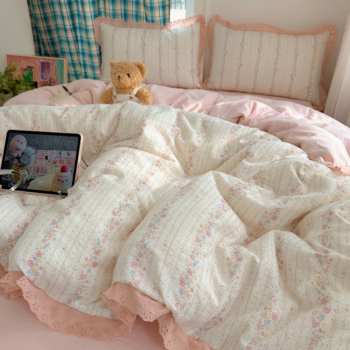 91家纺网 家纺一手货源 找家纺 一比一家纺 2026新款彩色花边木棉皱皱纱四件套 扶摇