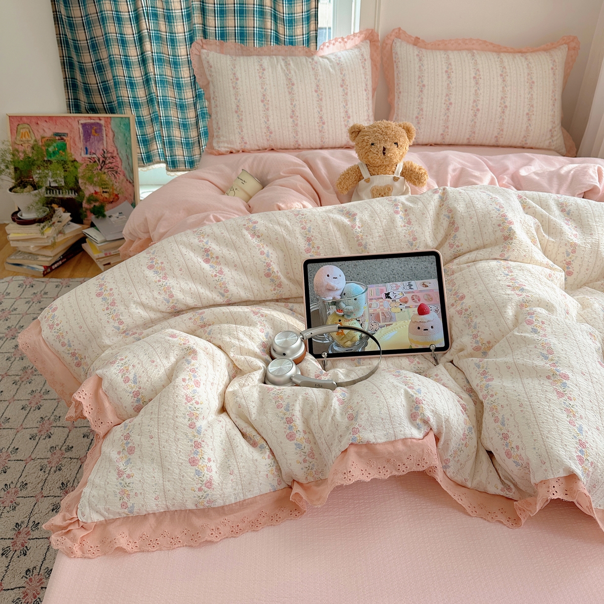 91家纺网 家纺一手货源 找家纺 一比一家纺 2026新款彩色花边木棉皱皱纱四件套 扶摇