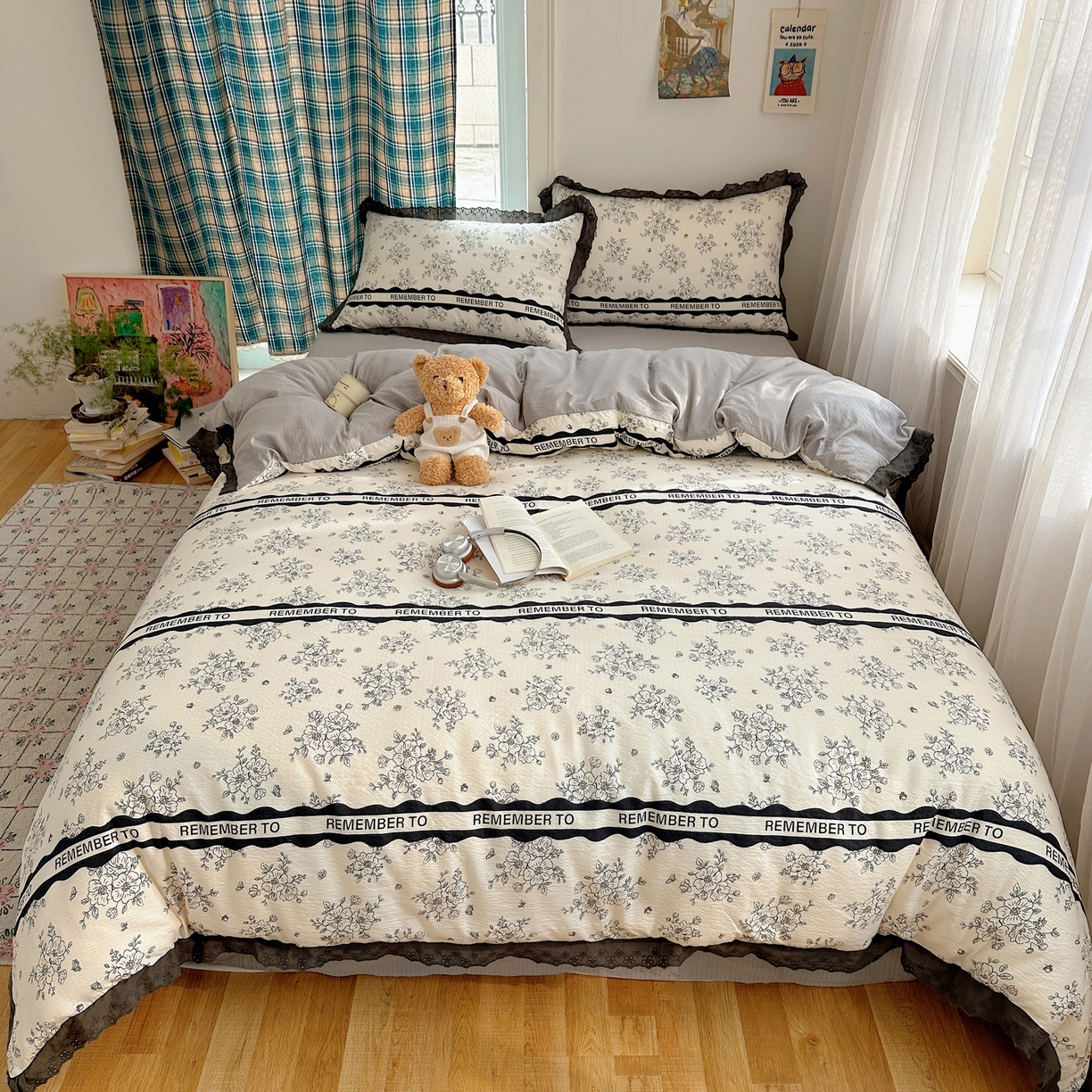 91家纺网 家纺一手货源 找家纺 一比一家纺 2026新款彩色花边木棉皱皱纱四件套 赫本