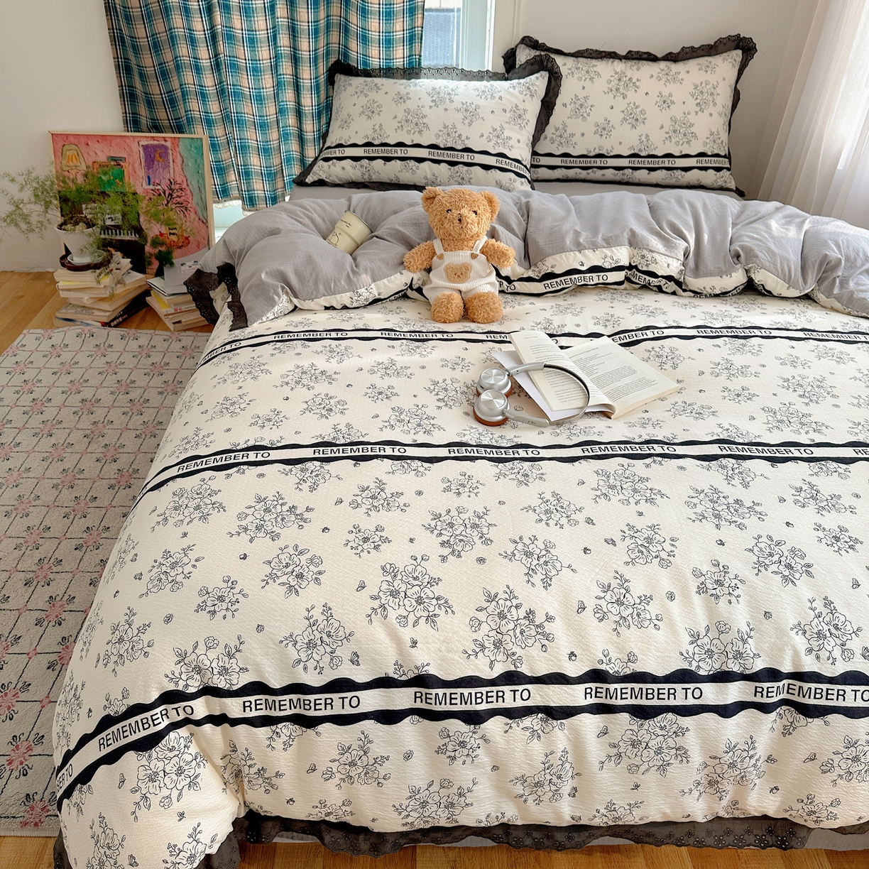 91家纺网 家纺一手货源 找家纺 一比一家纺 2026新款彩色花边木棉皱皱纱四件套 赫本