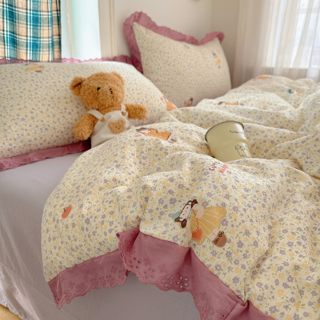 一比一家纺 2026新款彩色花边木棉皱皱纱四件套 花间女孩