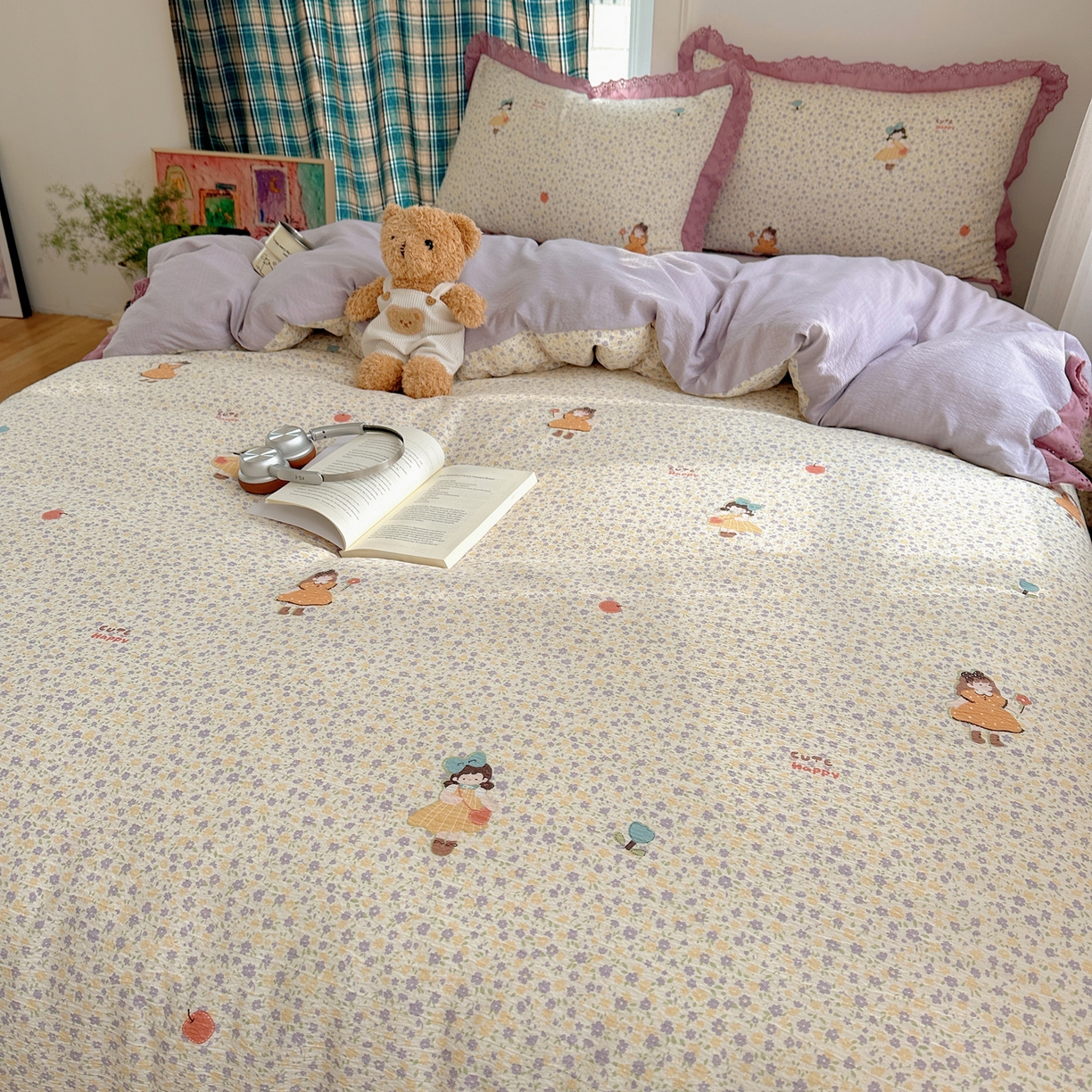 91家纺网 家纺一手货源 找家纺 一比一家纺 2026新款彩色花边木棉皱皱纱四件套 花间女孩