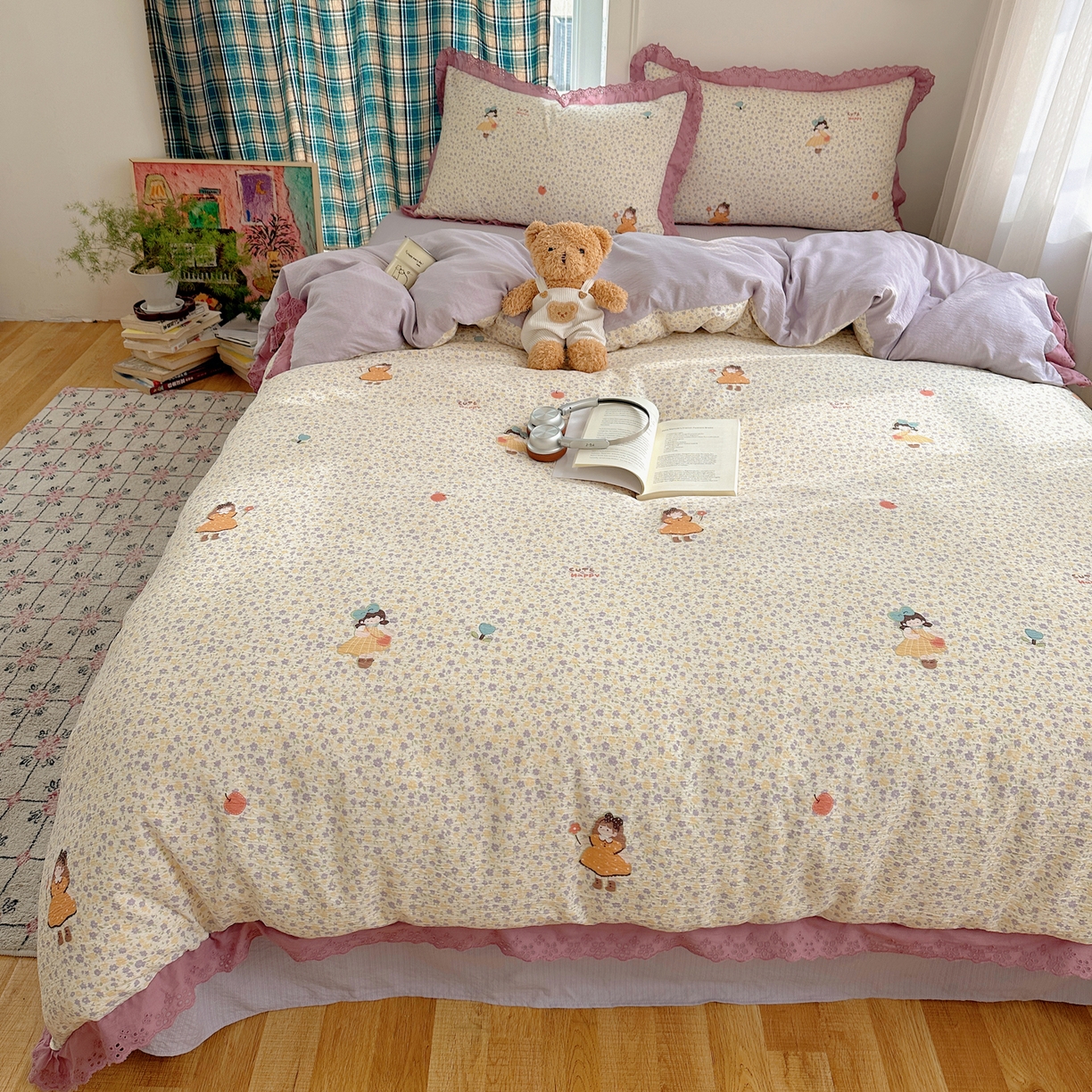 91家纺网 家纺一手货源 找家纺 一比一家纺 2026新款彩色花边木棉皱皱纱四件套 花间女孩