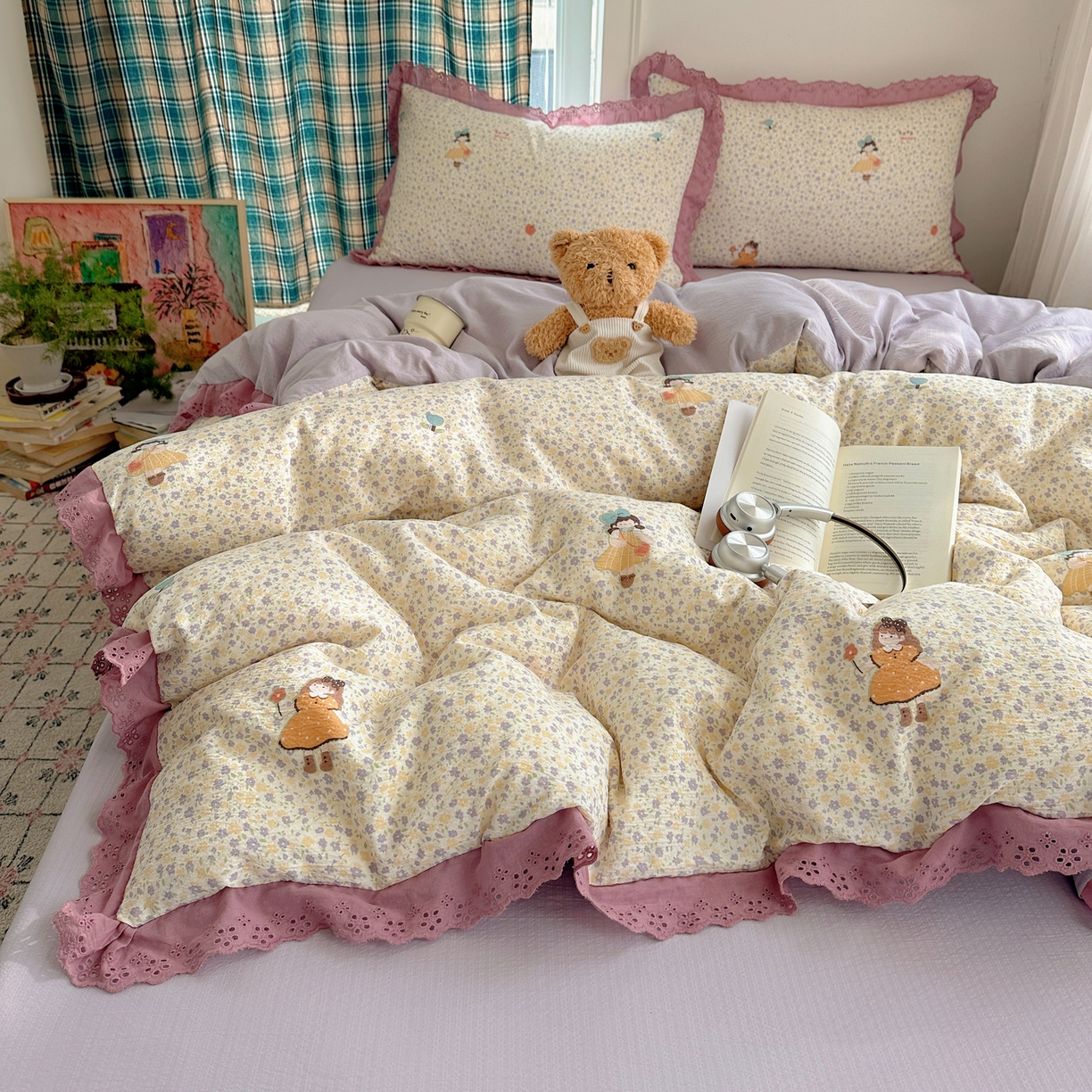 91家纺网 家纺一手货源 找家纺 一比一家纺 2026新款彩色花边木棉皱皱纱四件套 花间女孩