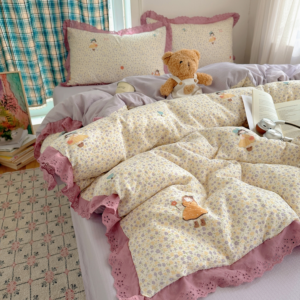 91家纺网 家纺一手货源 找家纺 一比一家纺 2026新款彩色花边木棉皱皱纱四件套 花间女孩