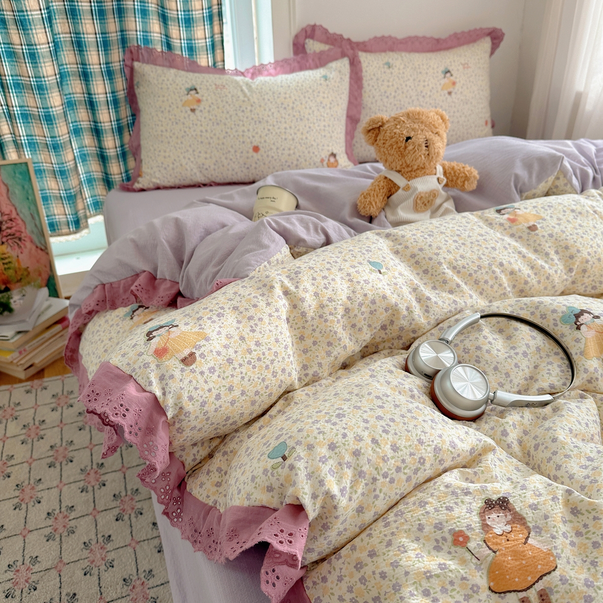 91家纺网 家纺一手货源 找家纺 一比一家纺 2026新款彩色花边木棉皱皱纱四件套 花间女孩