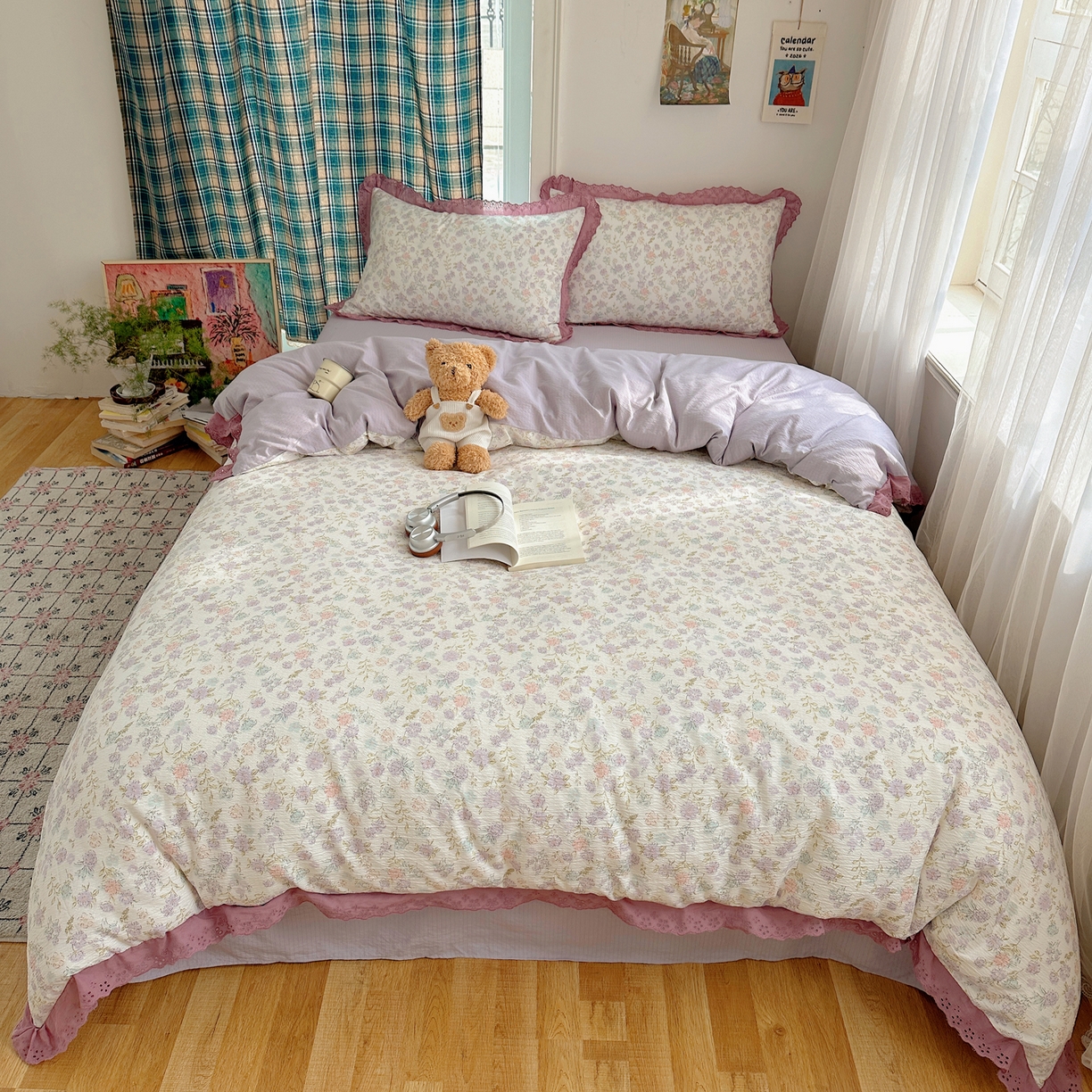 91家纺网 家纺一手货源 找家纺 一比一家纺 2026新款彩色花边木棉皱皱纱四件套 花漫漫