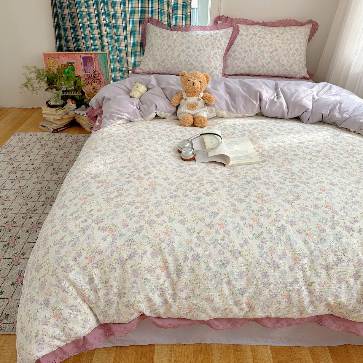 91家纺网 家纺一手货源 找家纺 一比一家纺 2026新款彩色花边木棉皱皱纱四件套 花漫漫