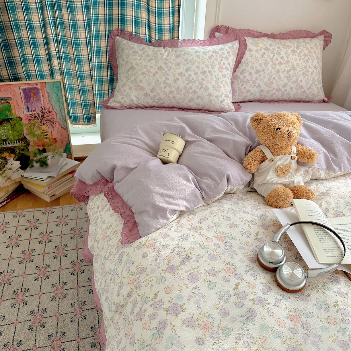 91家纺网 家纺一手货源 找家纺 一比一家纺 2026新款彩色花边木棉皱皱纱四件套 花漫漫