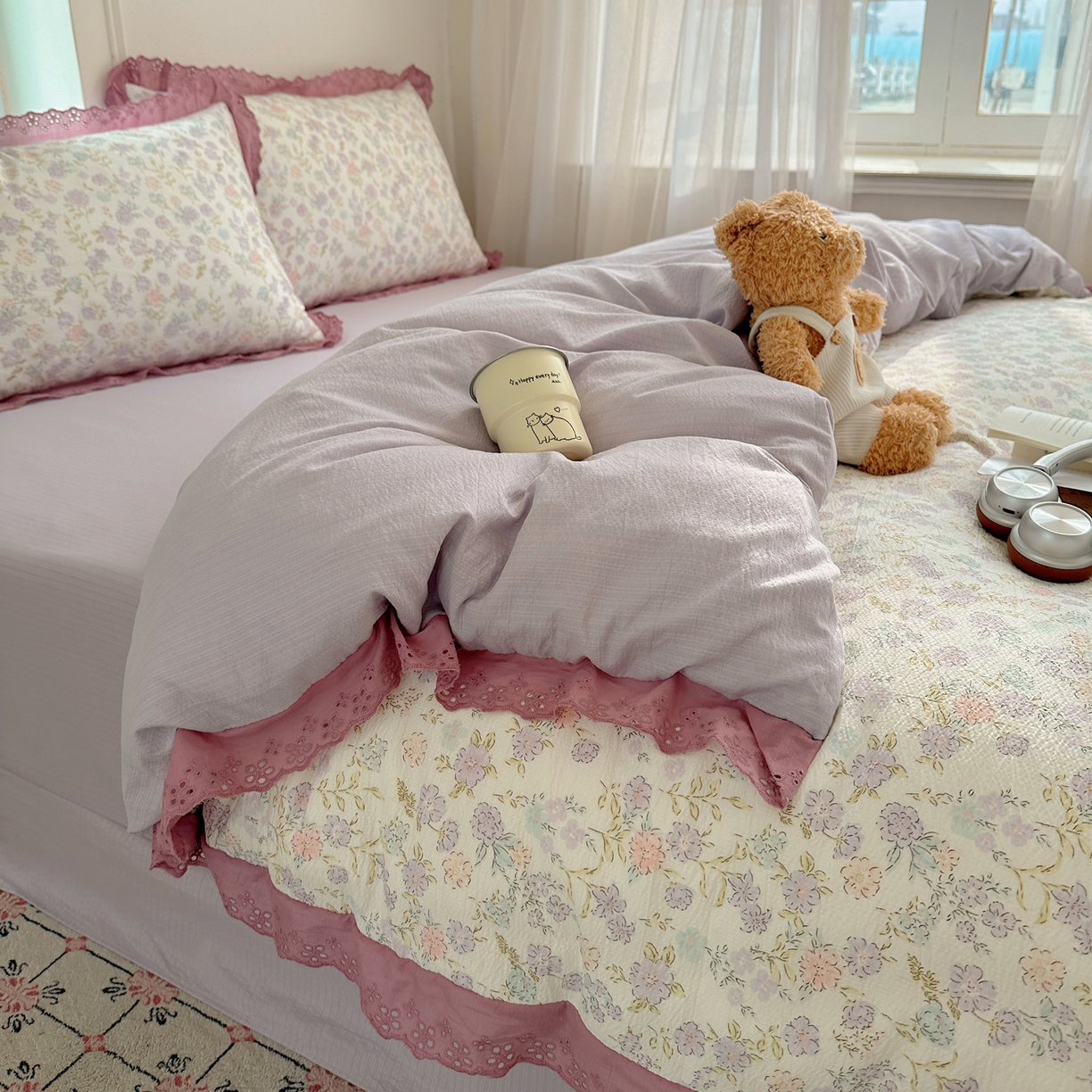 91家纺网 家纺一手货源 找家纺 一比一家纺 2026新款彩色花边木棉皱皱纱四件套 花漫漫