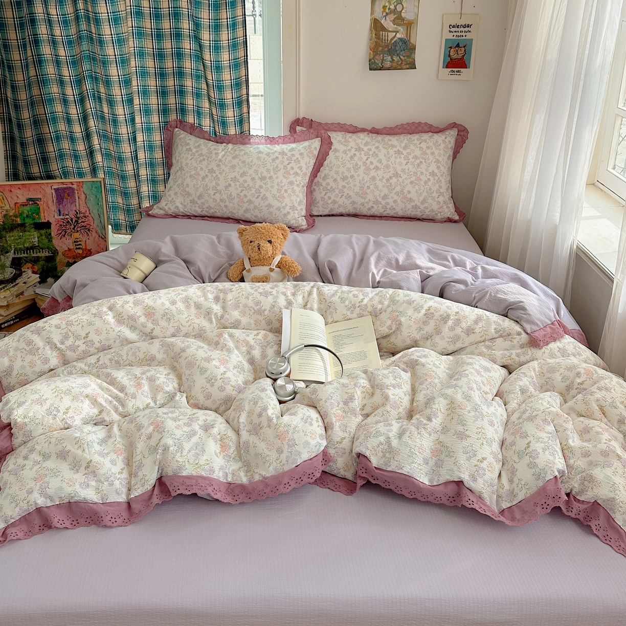 91家纺网 家纺一手货源 找家纺 一比一家纺 2026新款彩色花边木棉皱皱纱四件套 花漫漫