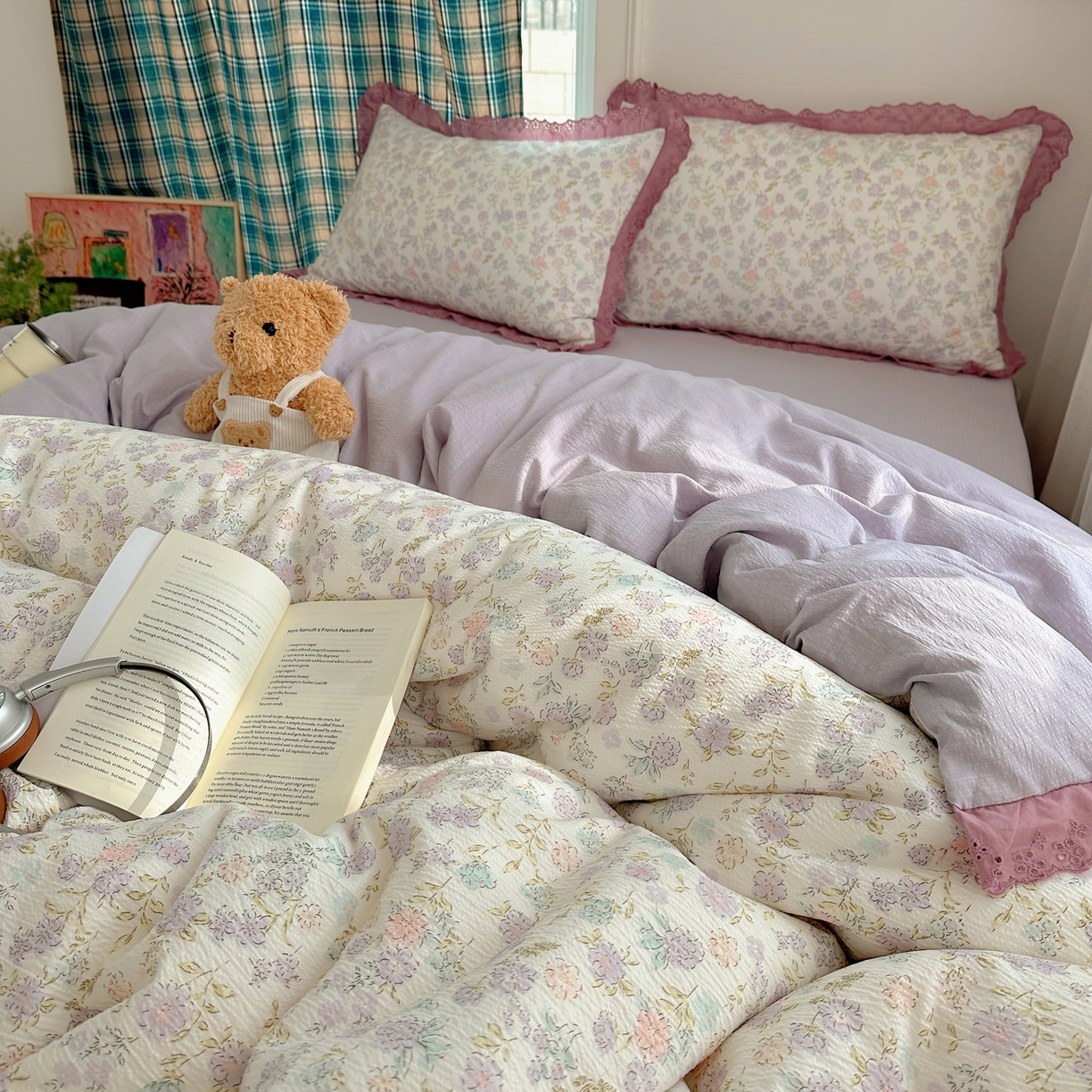 91家纺网 家纺一手货源 找家纺 一比一家纺 2026新款彩色花边木棉皱皱纱四件套 花漫漫