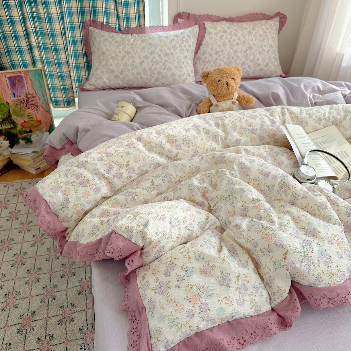 91家纺网 家纺一手货源 找家纺 一比一家纺 2026新款彩色花边木棉皱皱纱四件套 花漫漫