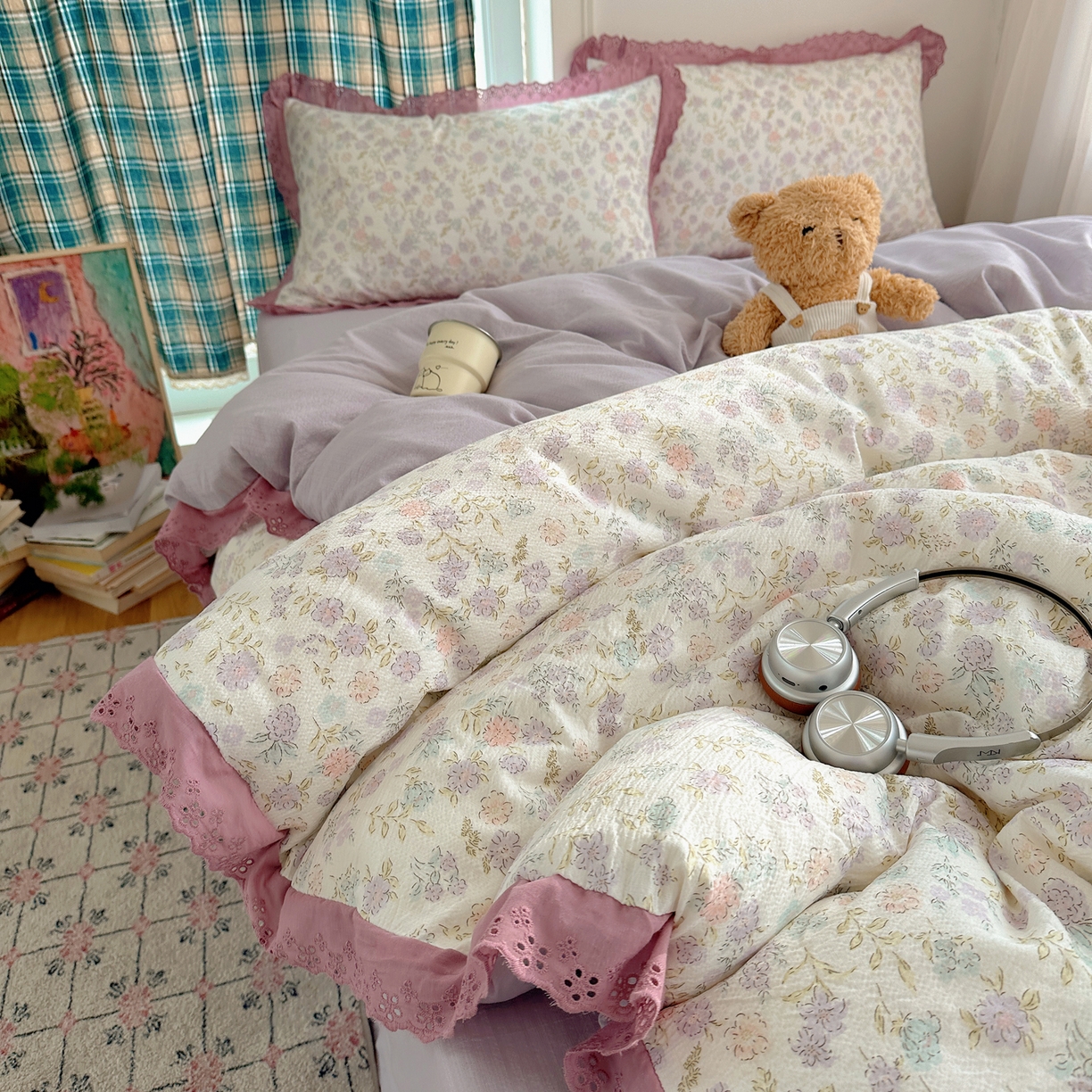 91家纺网 家纺一手货源 找家纺 一比一家纺 2026新款彩色花边木棉皱皱纱四件套 花漫漫