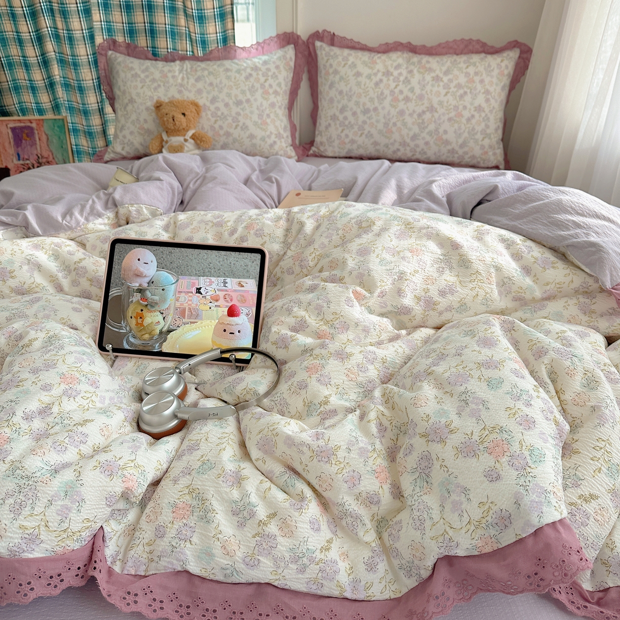 91家纺网 家纺一手货源 找家纺 一比一家纺 2026新款彩色花边木棉皱皱纱四件套 花漫漫