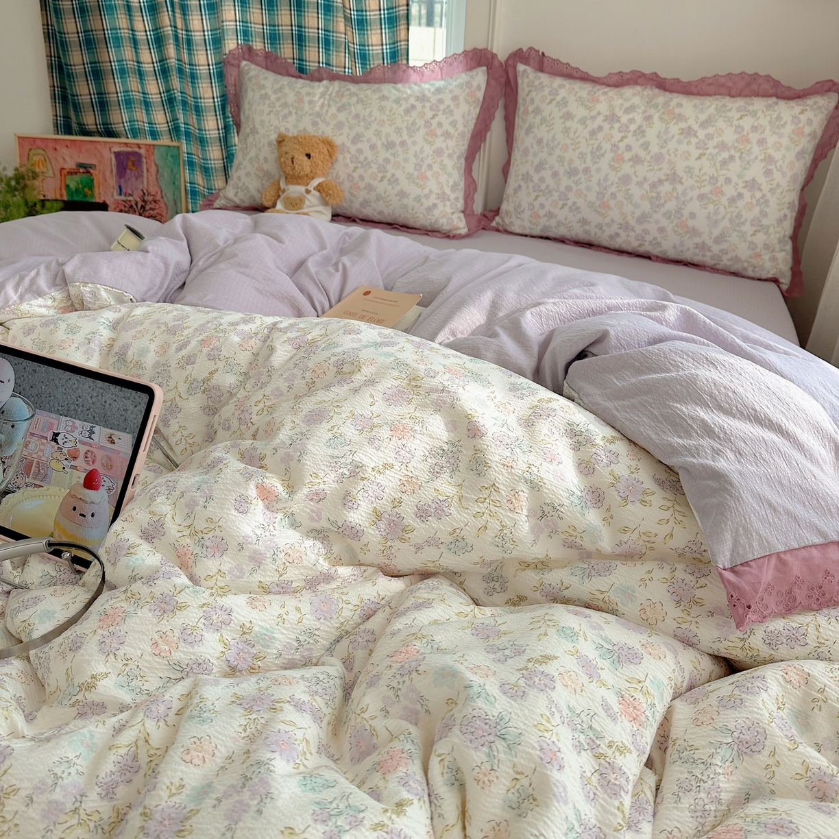 91家纺网 家纺一手货源 找家纺 一比一家纺 2026新款彩色花边木棉皱皱纱四件套 花漫漫