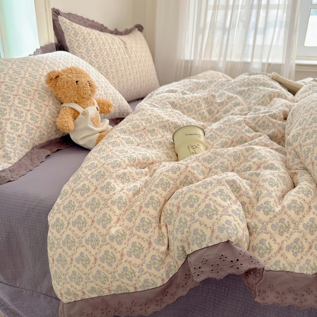 一比一家纺 2026新款彩色花边木棉皱皱纱四件套 花蜜