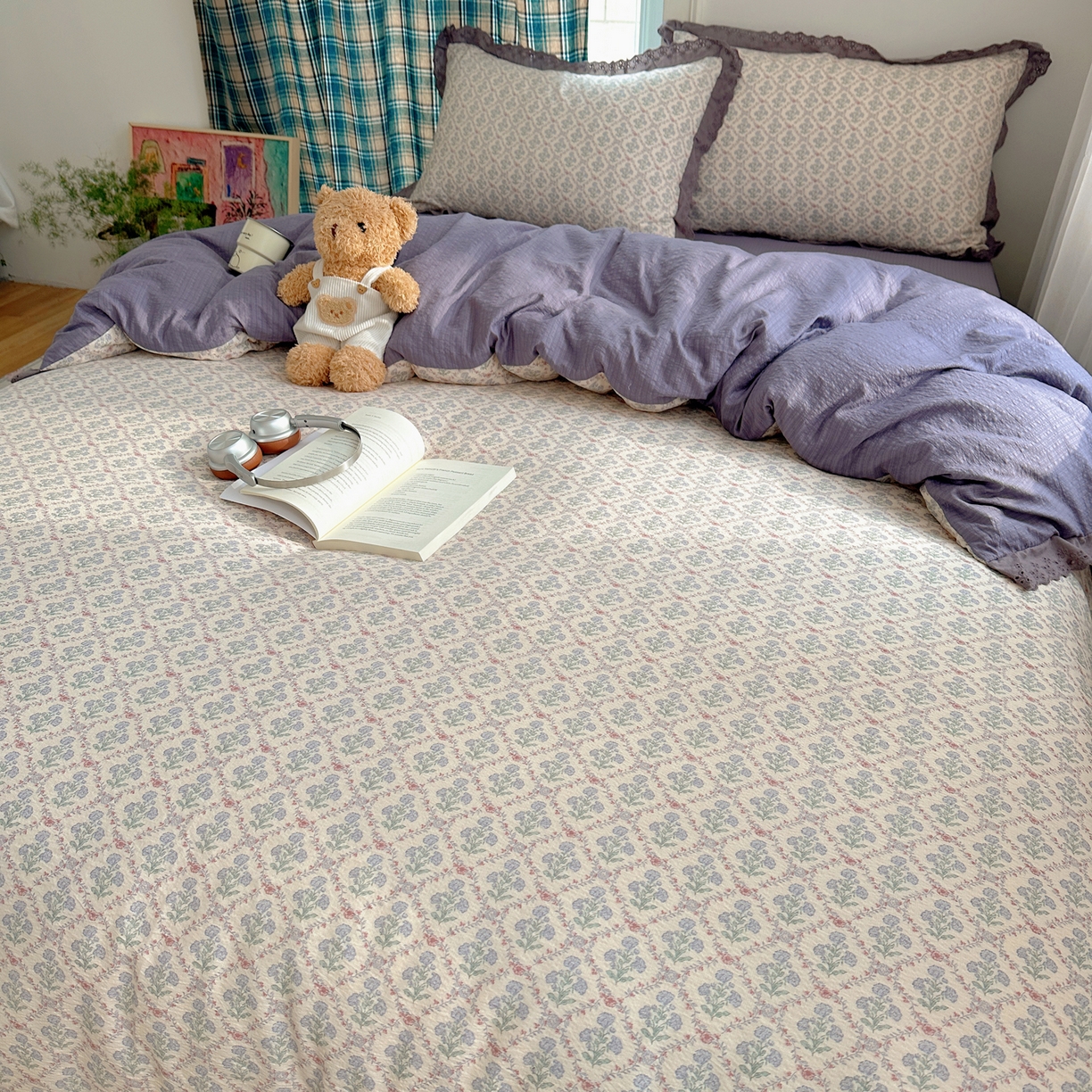 91家纺网 家纺一手货源 找家纺 一比一家纺 2026新款彩色花边木棉皱皱纱四件套 花蜜