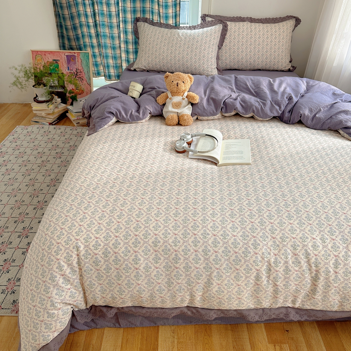 91家纺网 家纺一手货源 找家纺 一比一家纺 2026新款彩色花边木棉皱皱纱四件套 花蜜