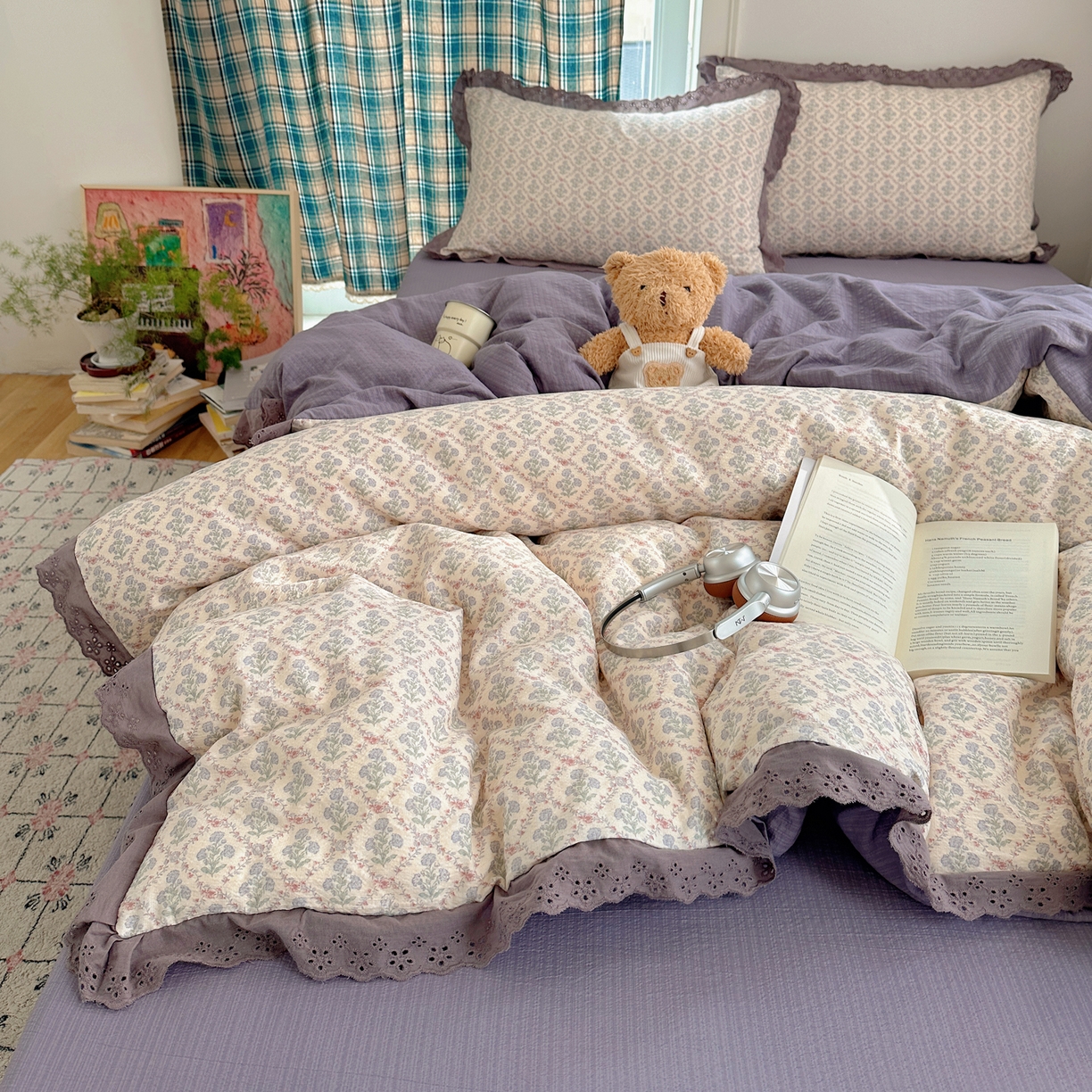 91家纺网 家纺一手货源 找家纺 一比一家纺 2026新款彩色花边木棉皱皱纱四件套 花蜜