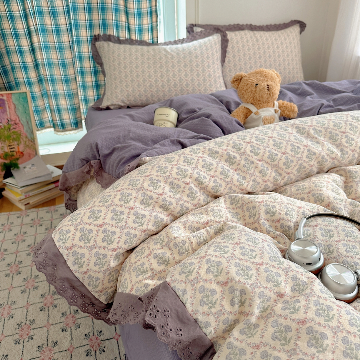 91家纺网 家纺一手货源 找家纺 一比一家纺 2026新款彩色花边木棉皱皱纱四件套 花蜜