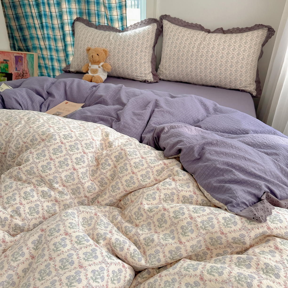 91家纺网 家纺一手货源 找家纺 一比一家纺 2026新款彩色花边木棉皱皱纱四件套 花蜜