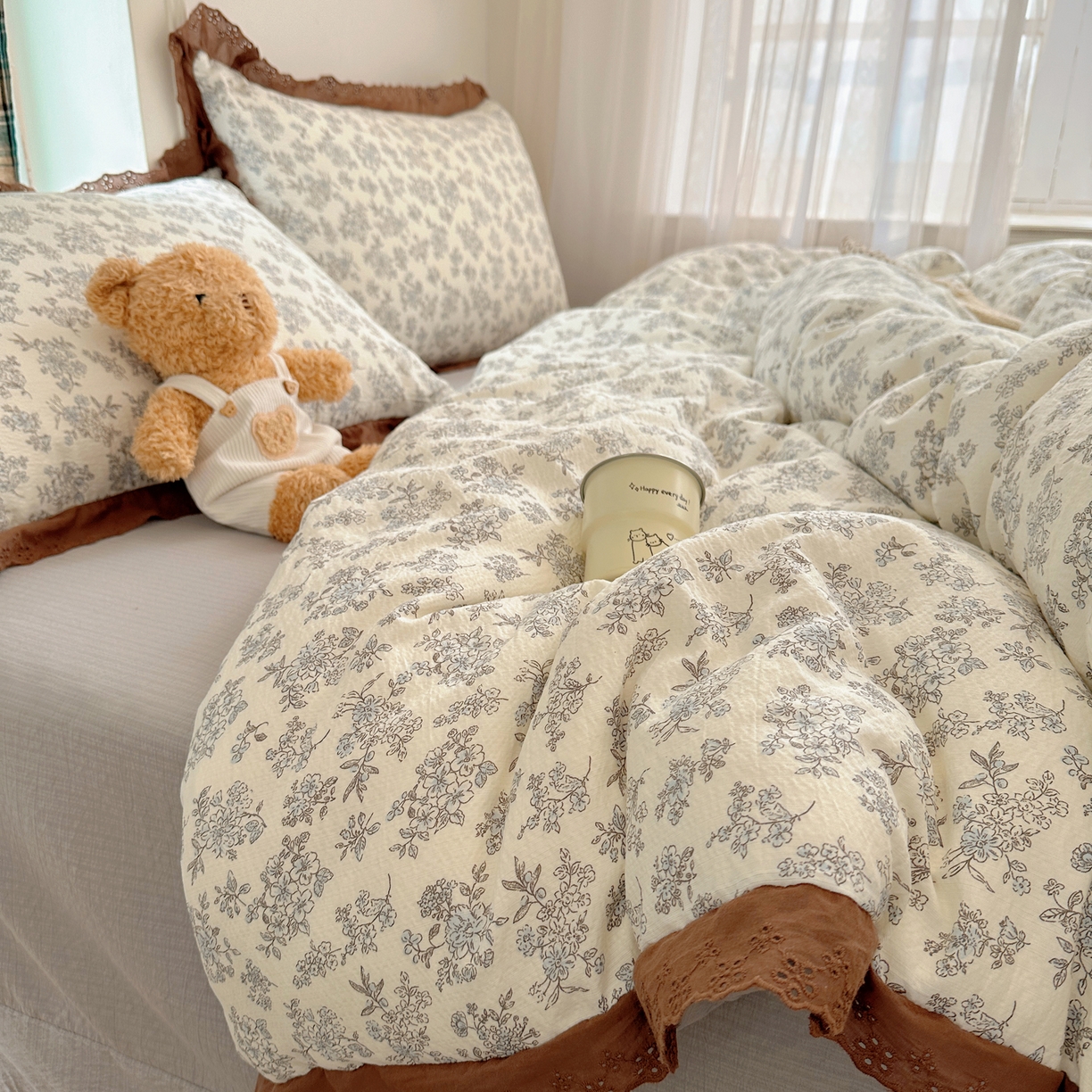 一比一家纺 2026新款彩色花边木棉皱皱纱四件套 阑珊