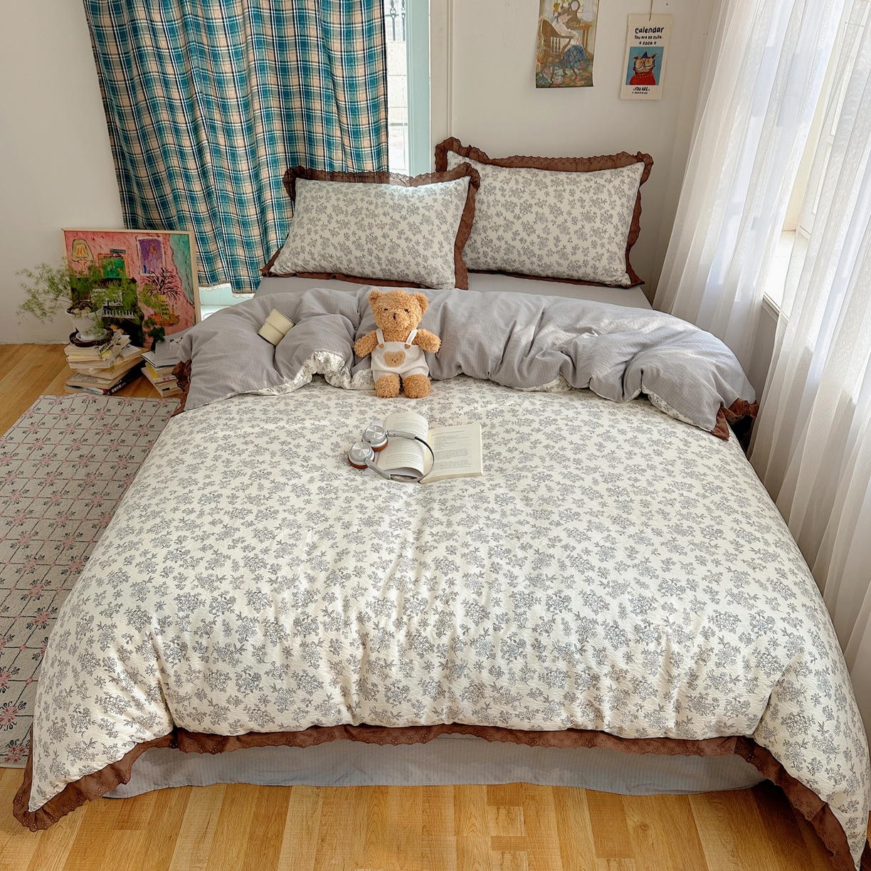 91家纺网 家纺一手货源 找家纺 一比一家纺 2026新款彩色花边木棉皱皱纱四件套 阑珊