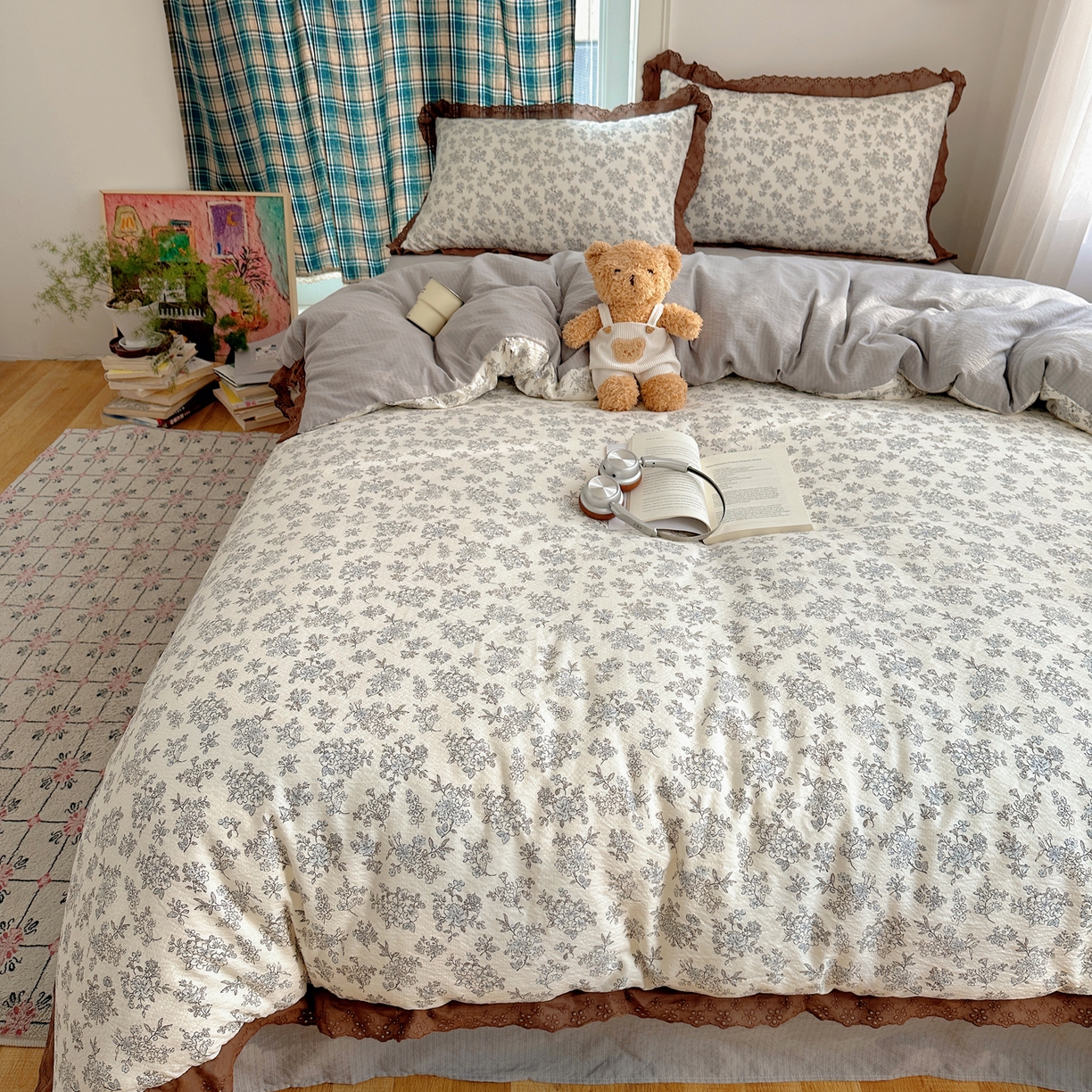 91家纺网 家纺一手货源 找家纺 一比一家纺 2026新款彩色花边木棉皱皱纱四件套 阑珊