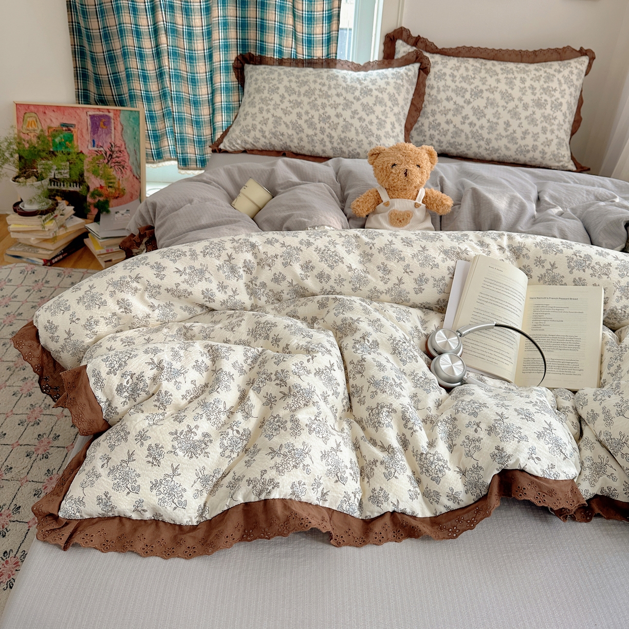 91家纺网 家纺一手货源 找家纺 一比一家纺 2026新款彩色花边木棉皱皱纱四件套 阑珊