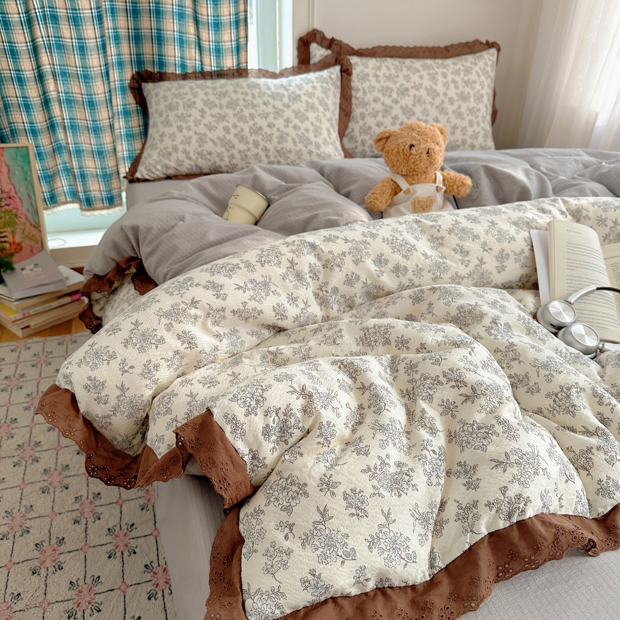 91家纺网 家纺一手货源 找家纺 一比一家纺 2026新款彩色花边木棉皱皱纱四件套 阑珊