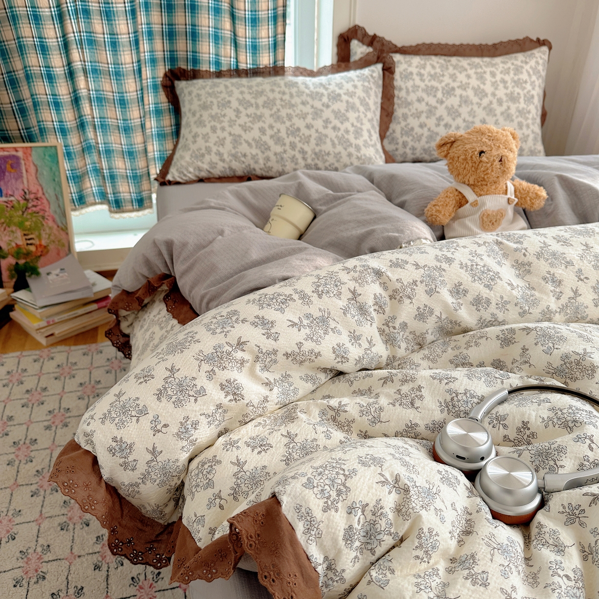 91家纺网 家纺一手货源 找家纺 一比一家纺 2026新款彩色花边木棉皱皱纱四件套 阑珊