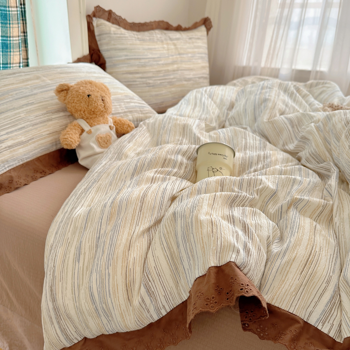 一比一家纺 2026新款彩色花边木棉皱皱纱四件套 罗卡