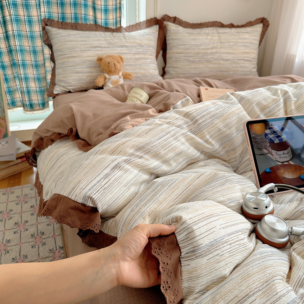 91家纺网 家纺一手货源 找家纺 一比一家纺 2026新款彩色花边木棉皱皱纱四件套 罗卡