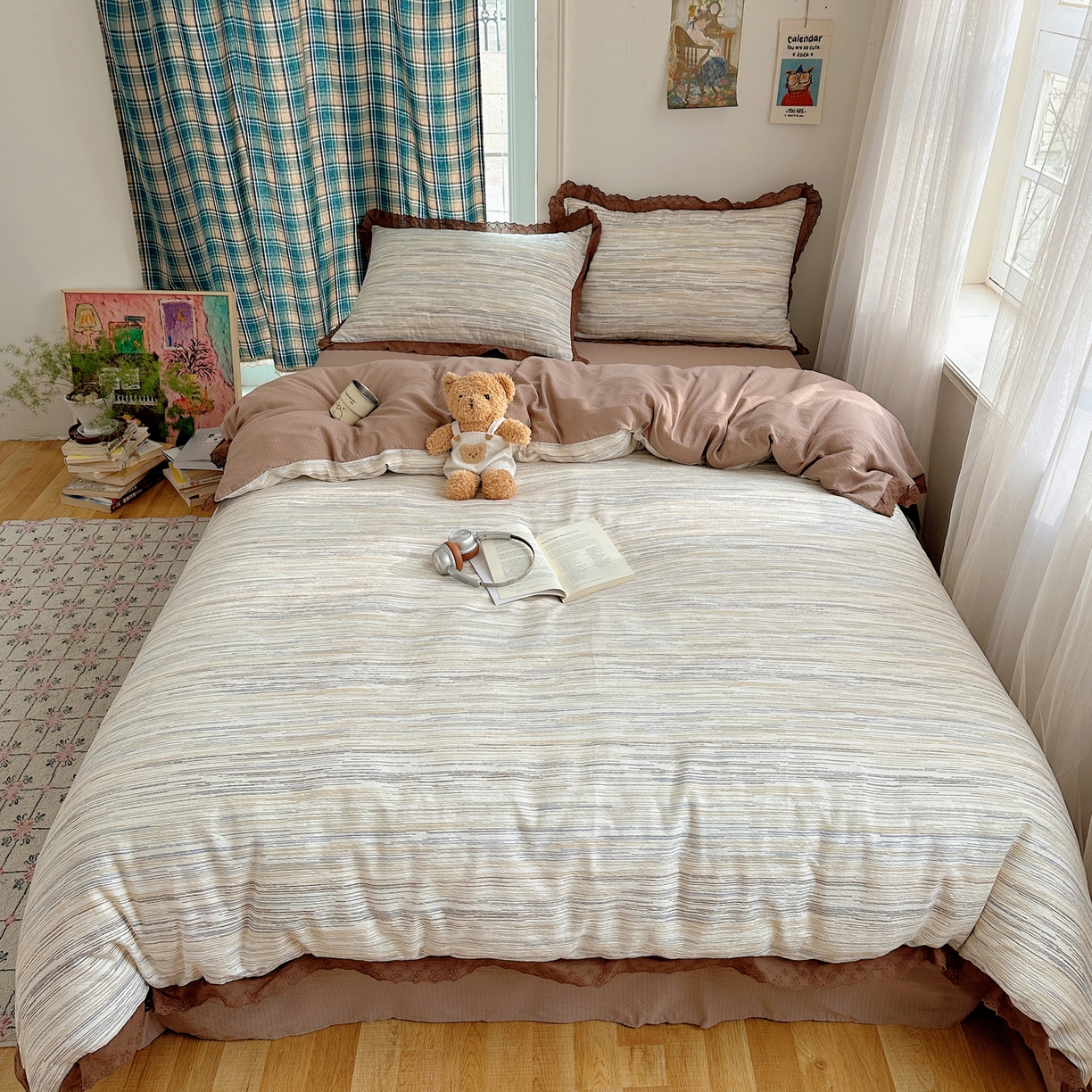 91家纺网 家纺一手货源 找家纺 一比一家纺 2026新款彩色花边木棉皱皱纱四件套 罗卡