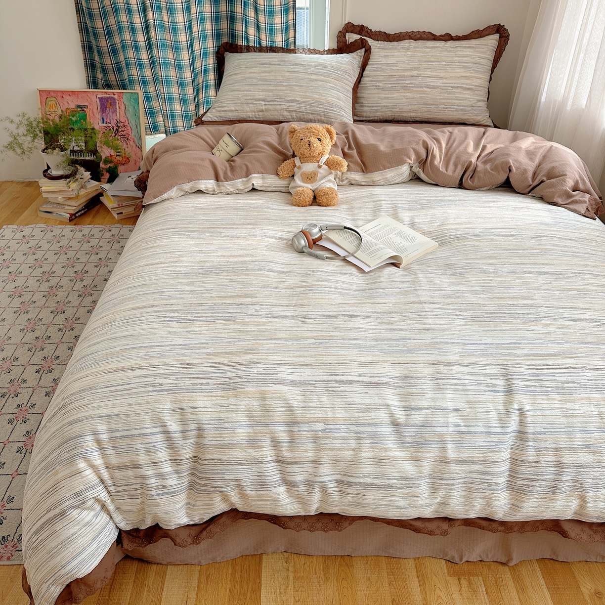 91家纺网 家纺一手货源 找家纺 一比一家纺 2026新款彩色花边木棉皱皱纱四件套 罗卡