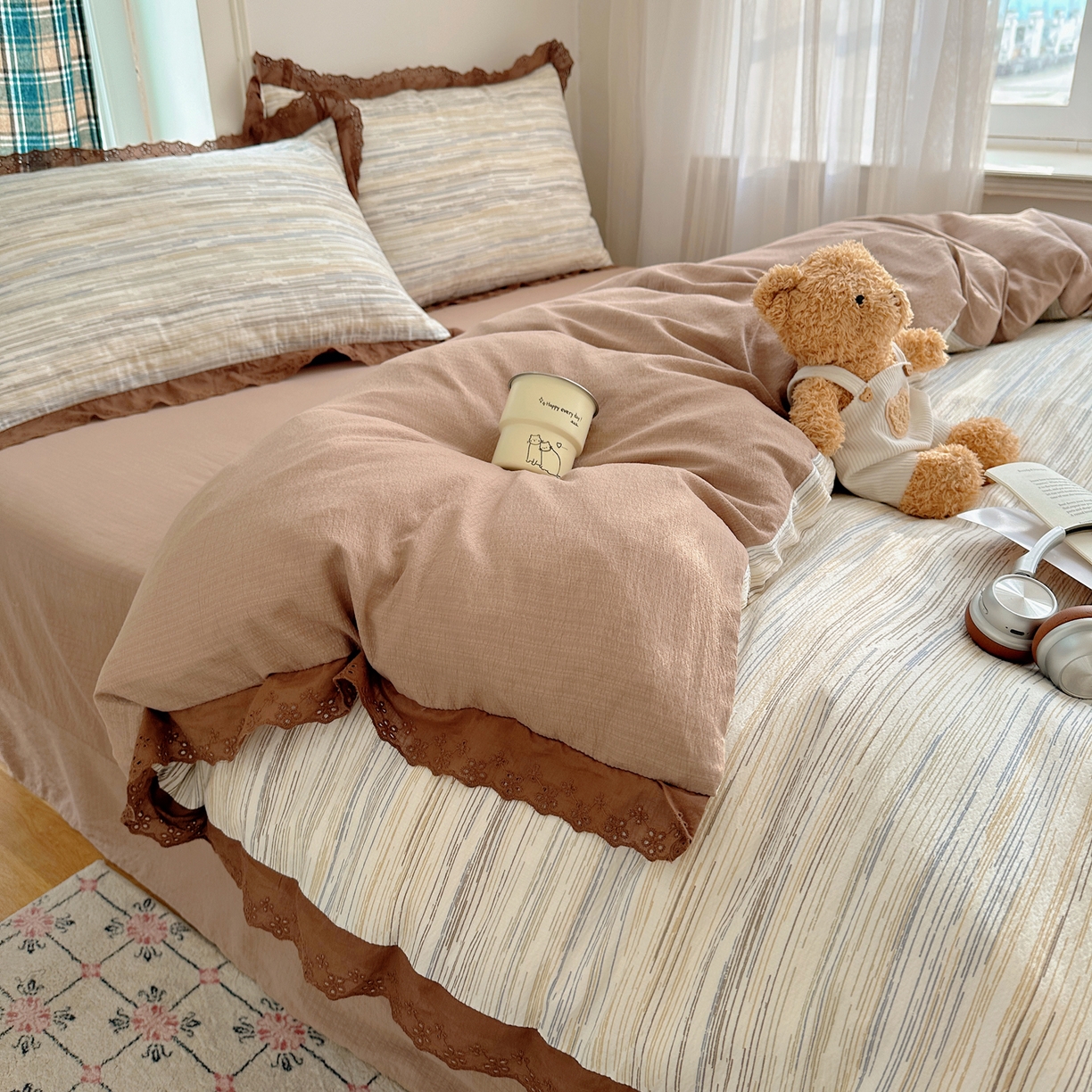 91家纺网 家纺一手货源 找家纺 一比一家纺 2026新款彩色花边木棉皱皱纱四件套 罗卡