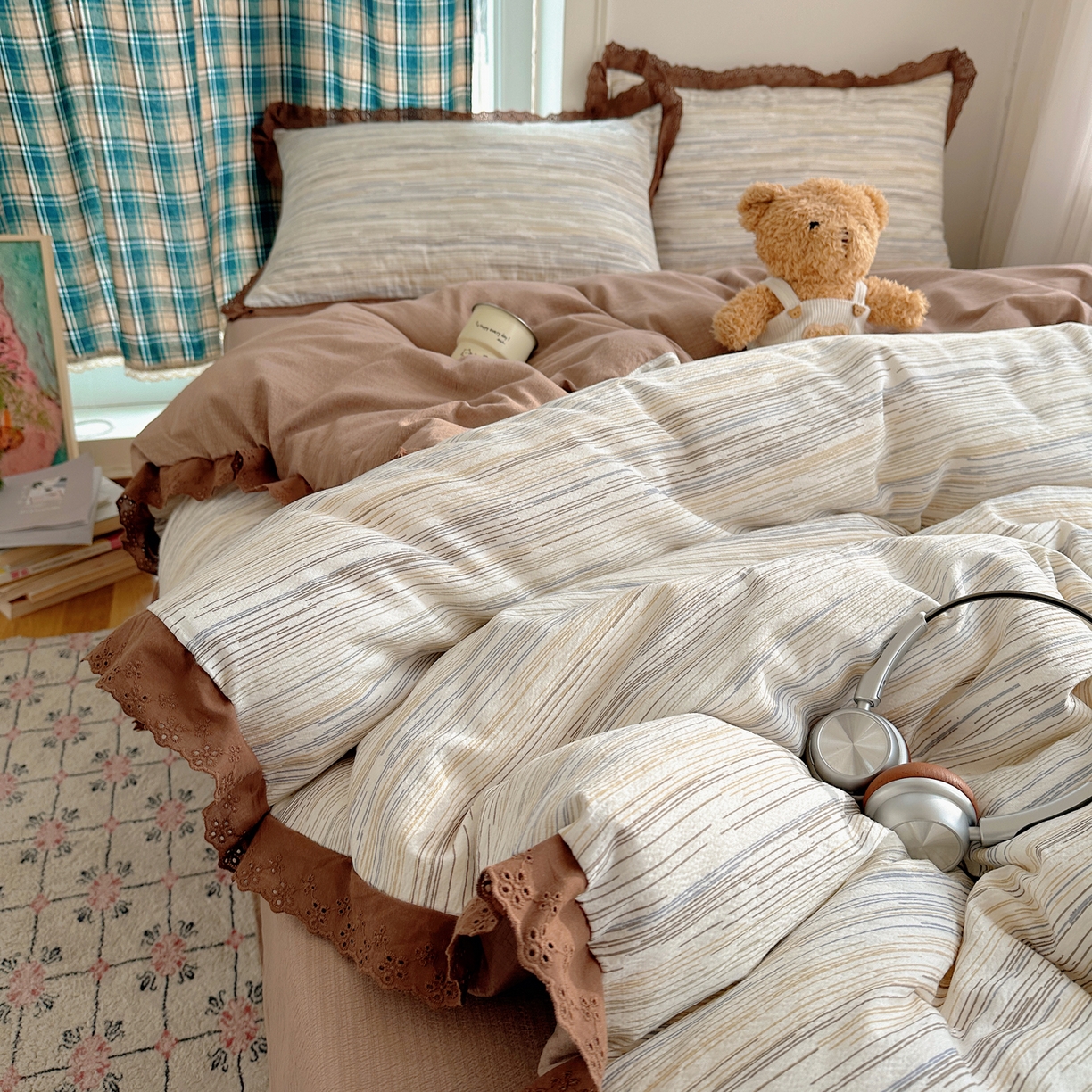 91家纺网 家纺一手货源 找家纺 一比一家纺 2026新款彩色花边木棉皱皱纱四件套 罗卡