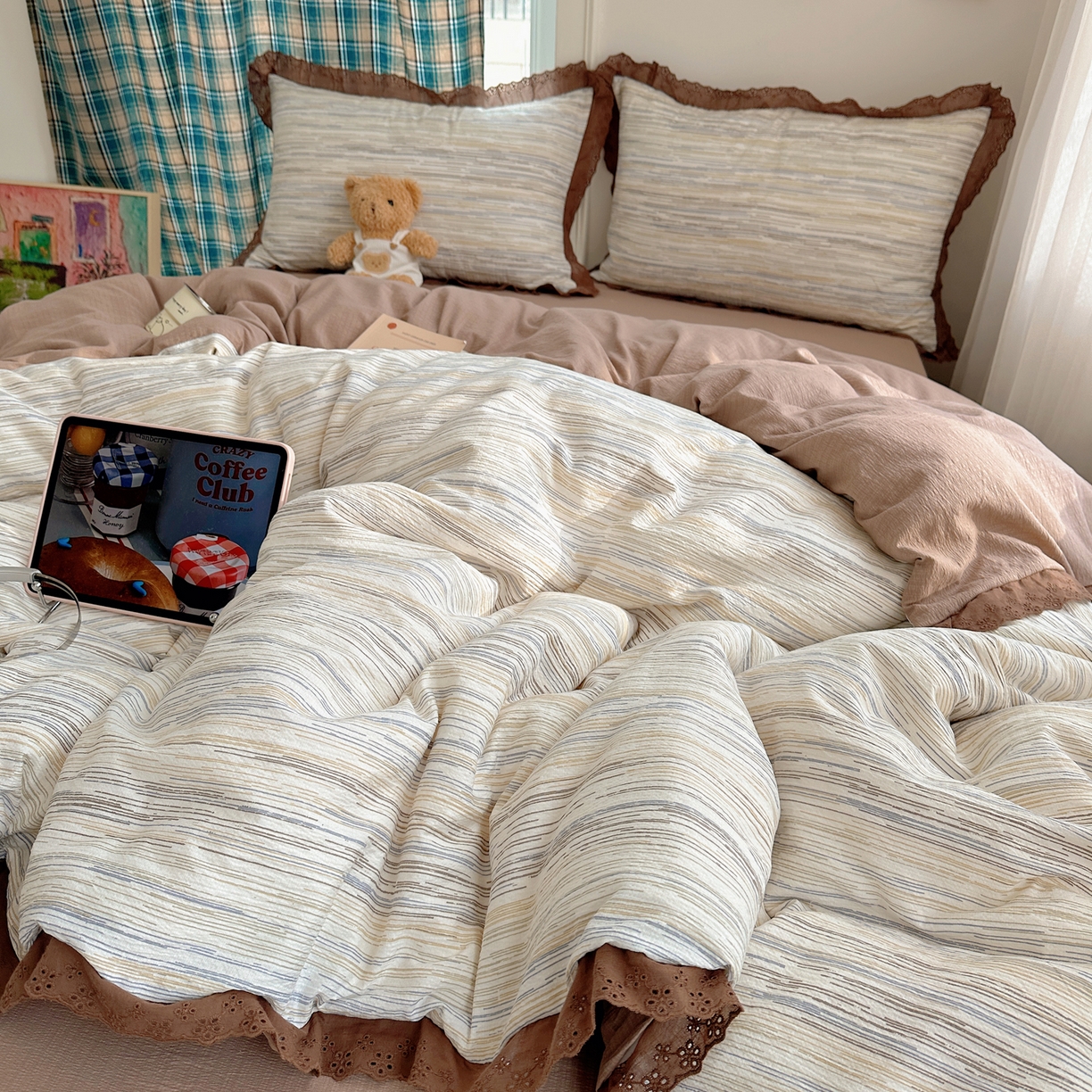 91家纺网 家纺一手货源 找家纺 一比一家纺 2026新款彩色花边木棉皱皱纱四件套 罗卡